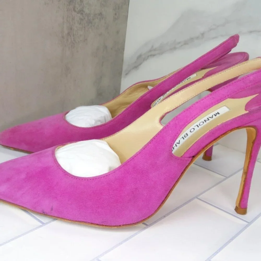 Manolo Blahnik Allura Pink Suede Slingback Pumps Pointed Toe Heels - Picture 2 of 14